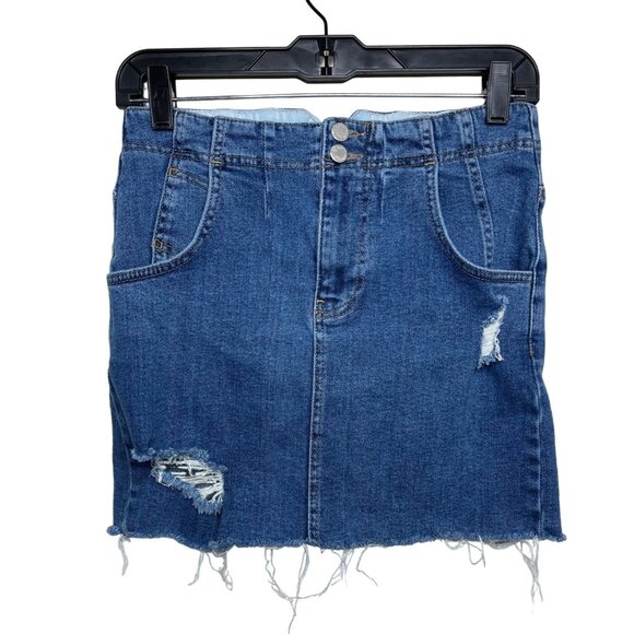 Free People Distressed Denim Mini Skirt Blue Ripped Frayed Hem Size 4 - Picture 1 of 13